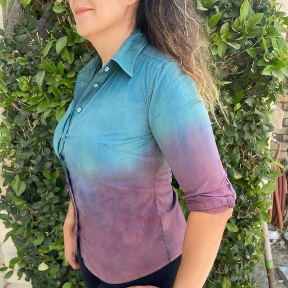 ReDyed Button Down Work Shirt With Green to Purple Ombre - Picture 2 of 4
